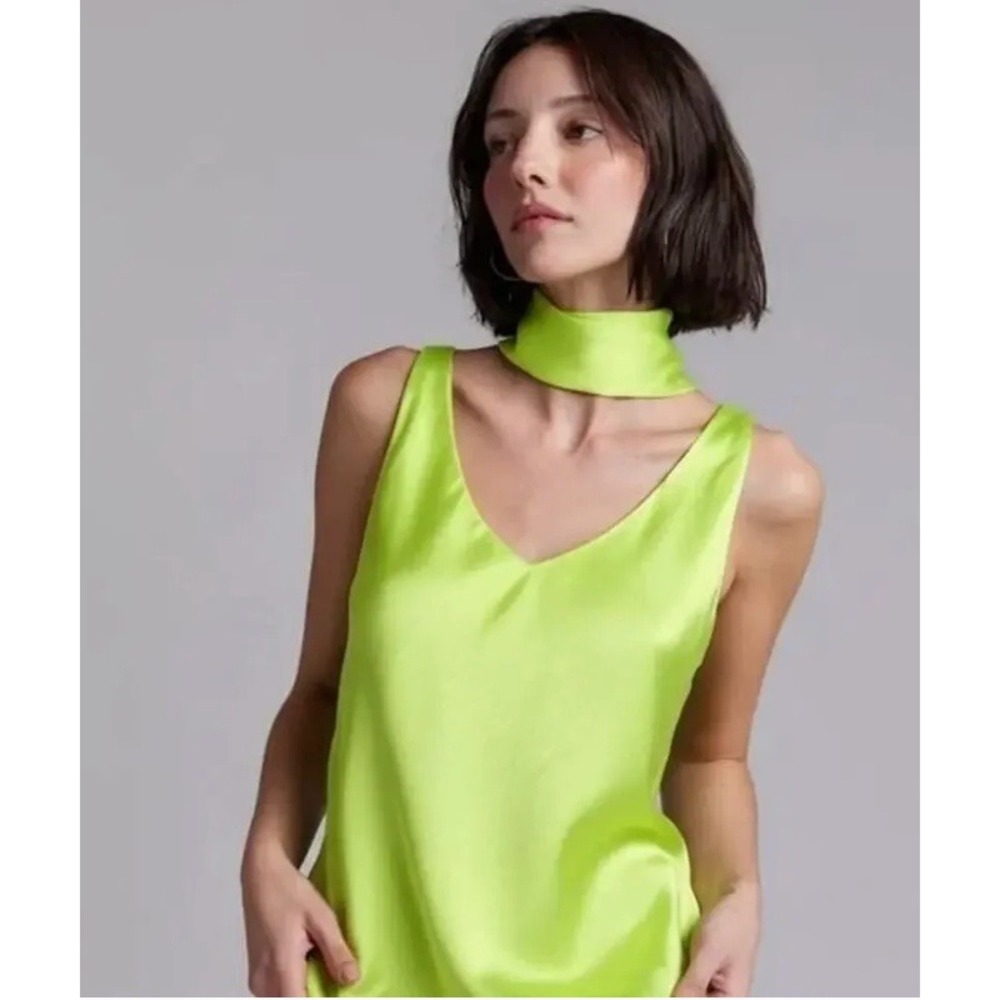 Wildfang Empower Satin Cami Neon Green Tank Top Matching Choker Neck Tie L NWT